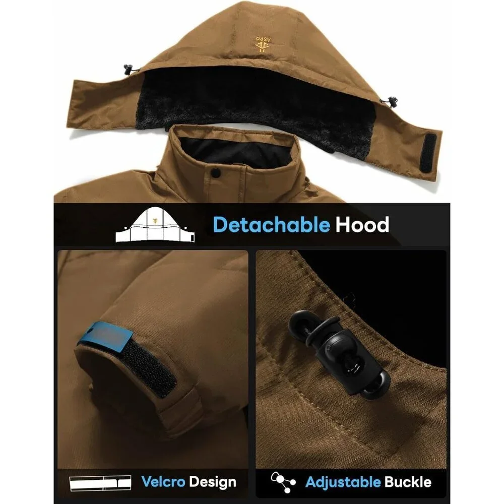 Men's Coffee Waterproof Winter Warm Snow Coat Fleece Lined Hiking Ski Jacket